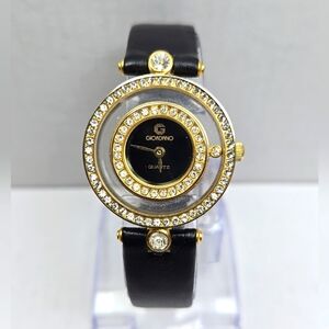 Womens Vintage Giordano Gold Tone Black Dial Crystal Watch Leather New Battery